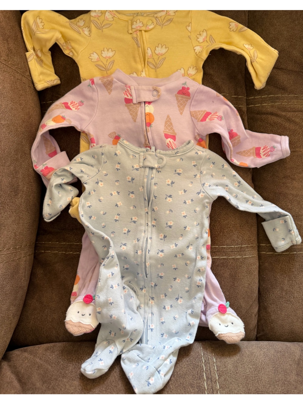 Carter's Pastel Blue Floral & Yellow/Pink Ice Cream 3-Pack Footed One-Pieces